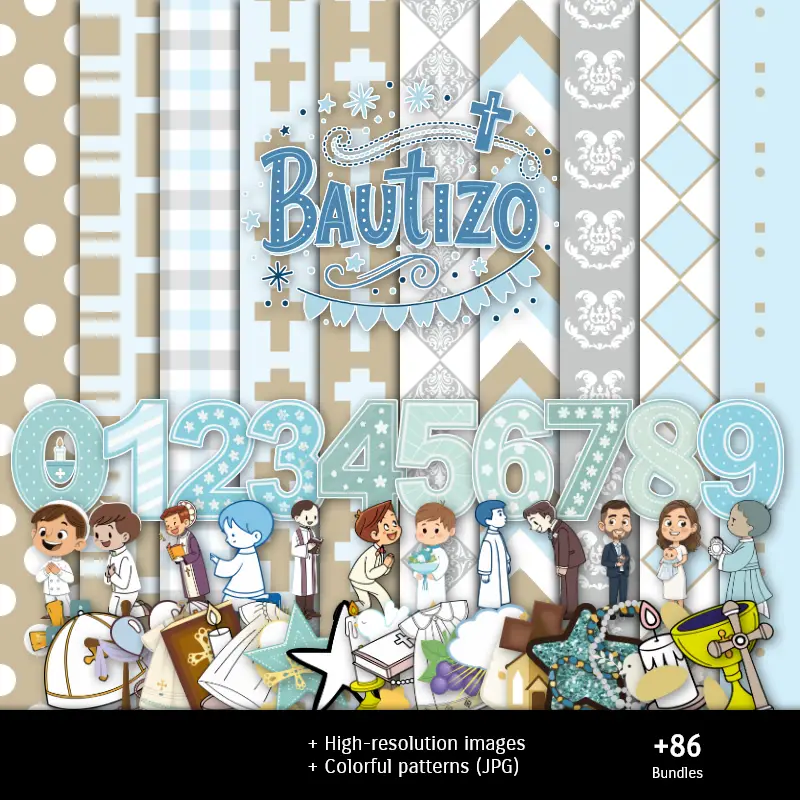 Accesorios | Papel Digital Bautizo Criança - Imprimíveis para Scrapbook e DIY