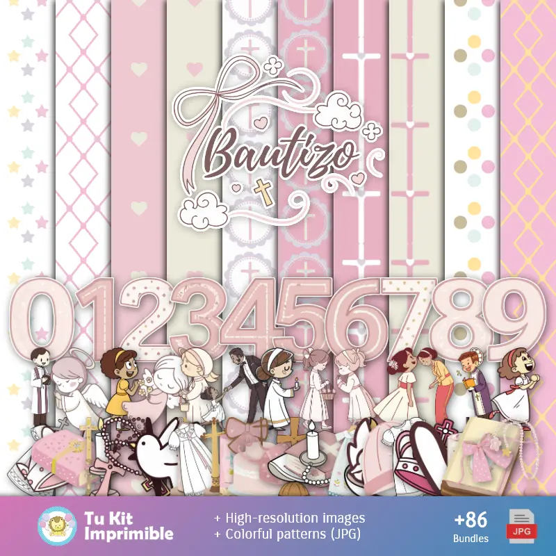 Números Temáticos | Fundos Bautizo Menina - Papeles Digitales para Decoração