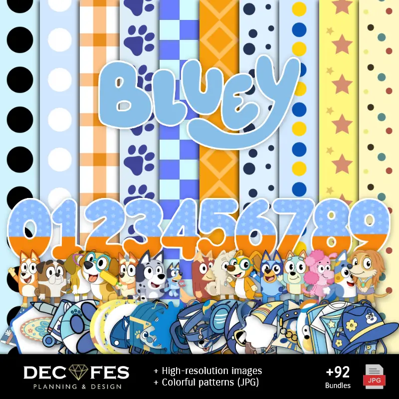 Números Temáticos | Bluey Digital Paper - Stampabile per Scrapbook e fai da te