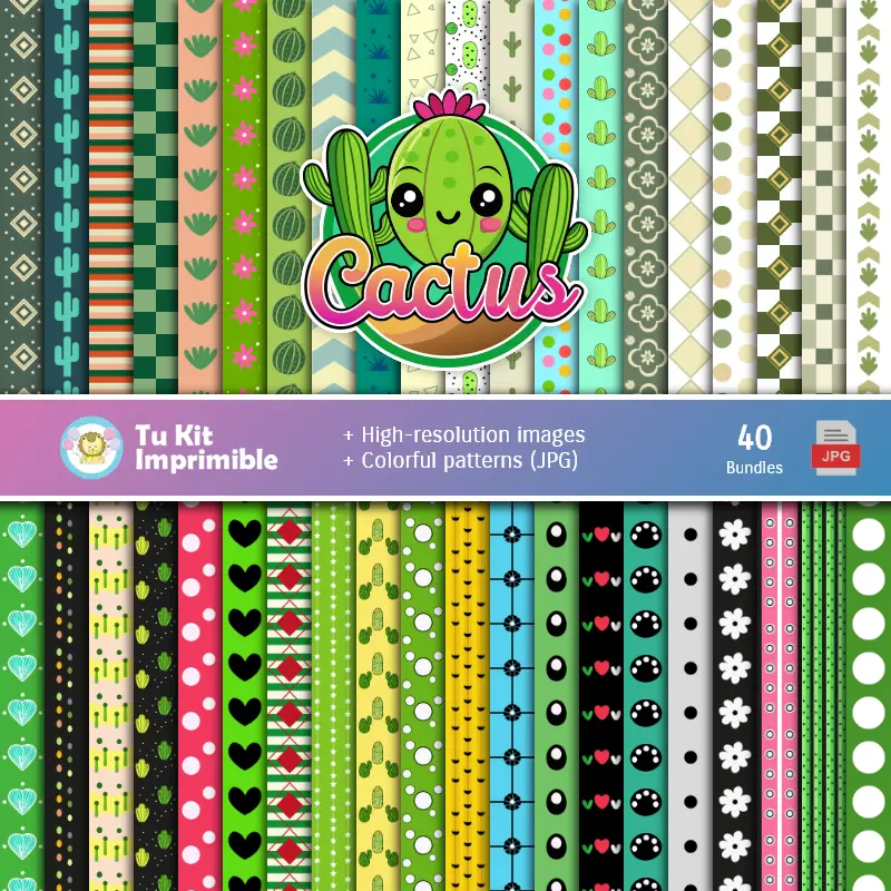 Set de Papel Digitales Cactus - Fundos para Festas e Scrapbooking