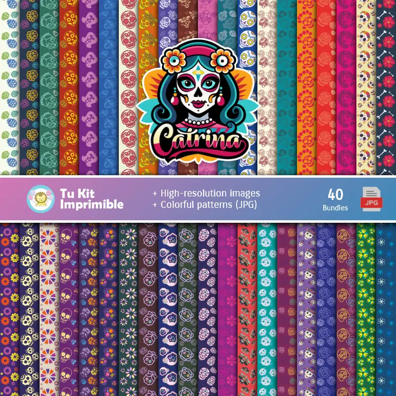 Catrine Day of the Dead Digital Paper Set - Stiftungen für Festivals und Scrapbooking