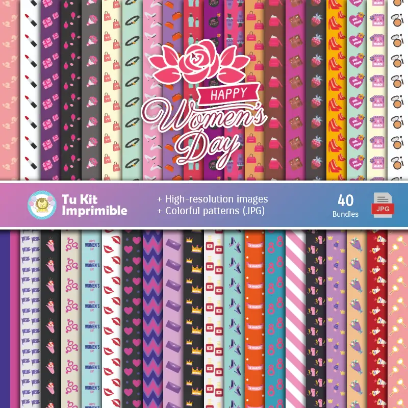 Conjunto de papéis digitais para o Dia da Mulher - Fundos para festas e scrapbooking