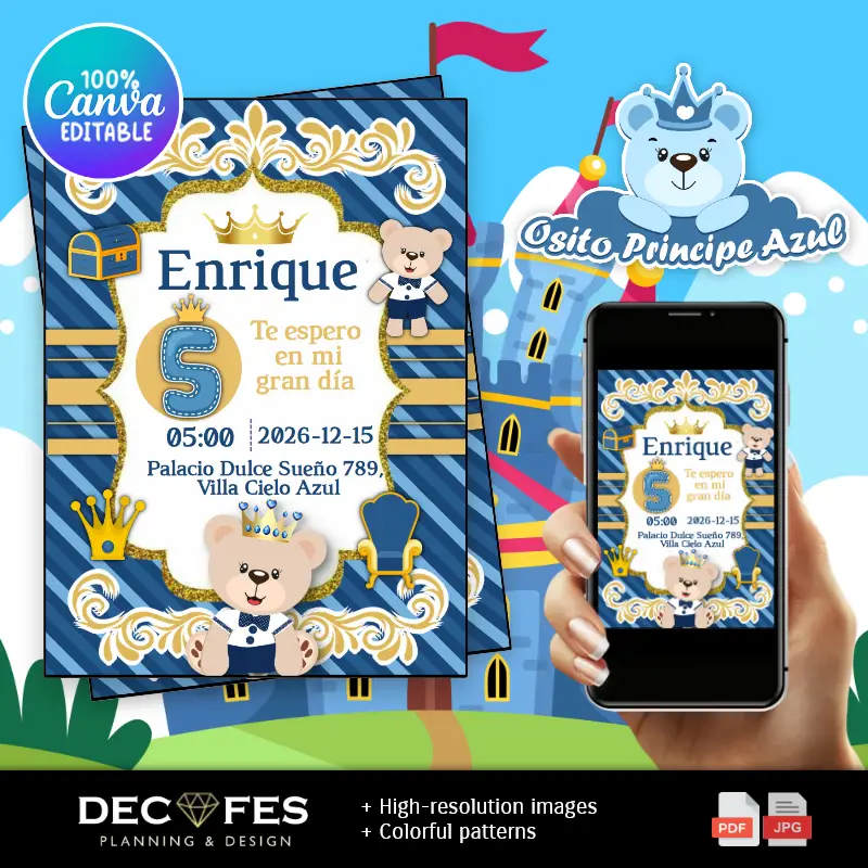 Convite para o Ursinho de Pelúcia Príncipe Azul Encantado