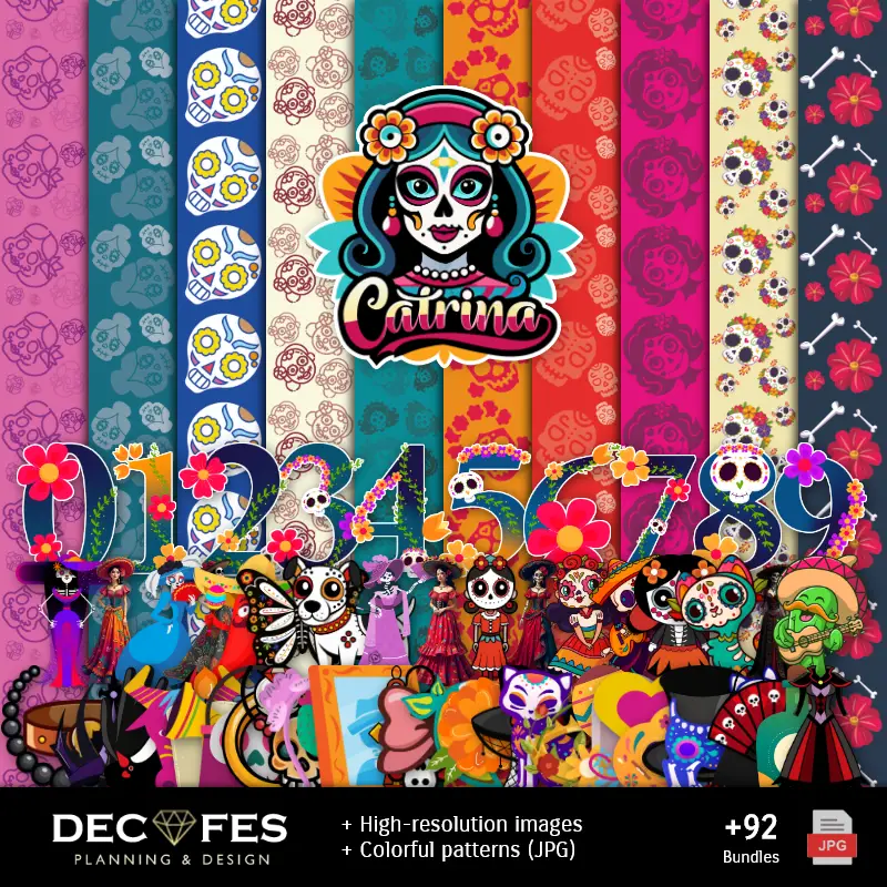 Papel Digital Catrinas Dia dos Mortos - Imprimíveis para Scrapbook e DIY