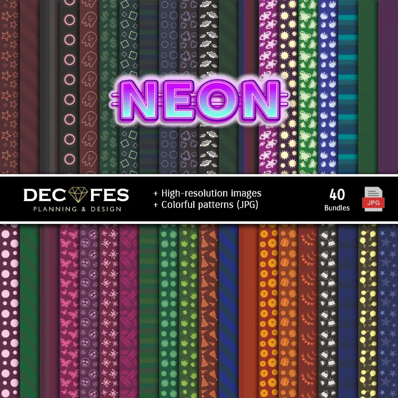 Fondos | Set de Papeles Digitales Fiesta Neón - Fundos para Festas e Scrapbooking
