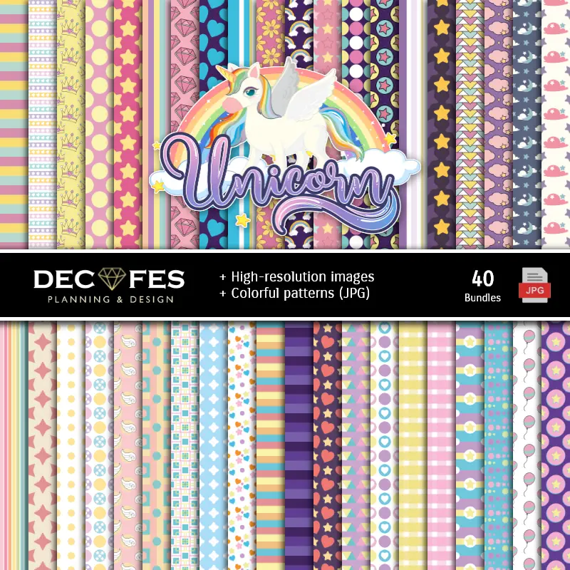 Fondos | Ensemble de papier numérique Licorne - Fondations pour la fête et la scrapbooking