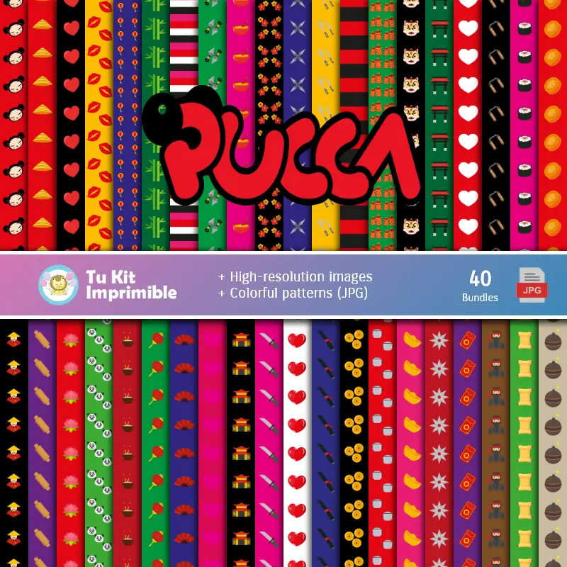 Patrones | Ensemble de papier numérique Pucca - Fontaines pour les fêtes et la scrapbooking