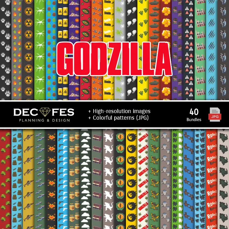 Fondos | Ensemble de papiers numériques Godzilla - Arrière-plans pour fêtes et scrapbooking