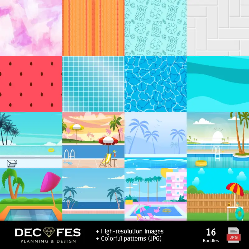 Fondos | Festa in piscina con album di ritagli - Disegni stampabili per lavoretti creativi