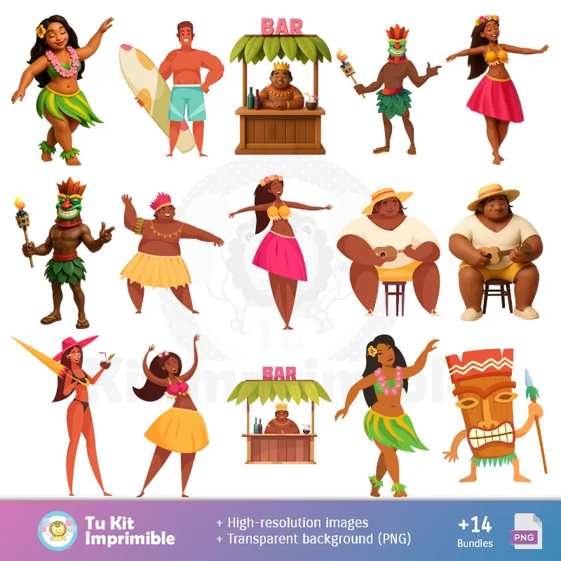 Personajes | Padrões e Texturas Festa Hawaiana Aloha - Kits de Scrapbook e Festas