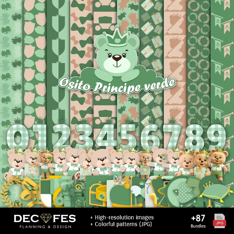 Green Prince Bear Digital Paper - Printable for Scrapbook and DIY