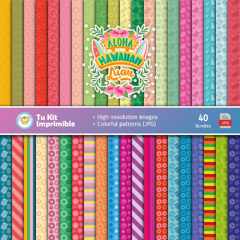 Set de Papeles Digitales Fiesta Hawaiana Aloha - Fundos para Festas e Scrapbooking