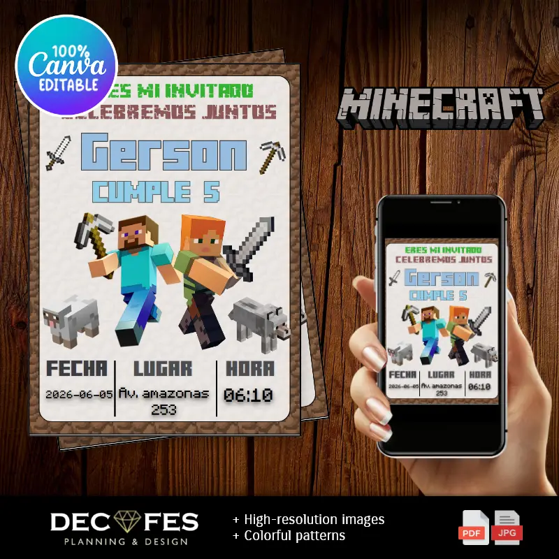 Invitación Minercraft Mundo Creativo