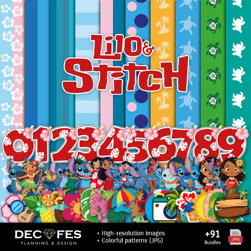 Números Temáticos | Papel Digital Lilo e Stitch - Imprimíveis para Scrapbook e DIY