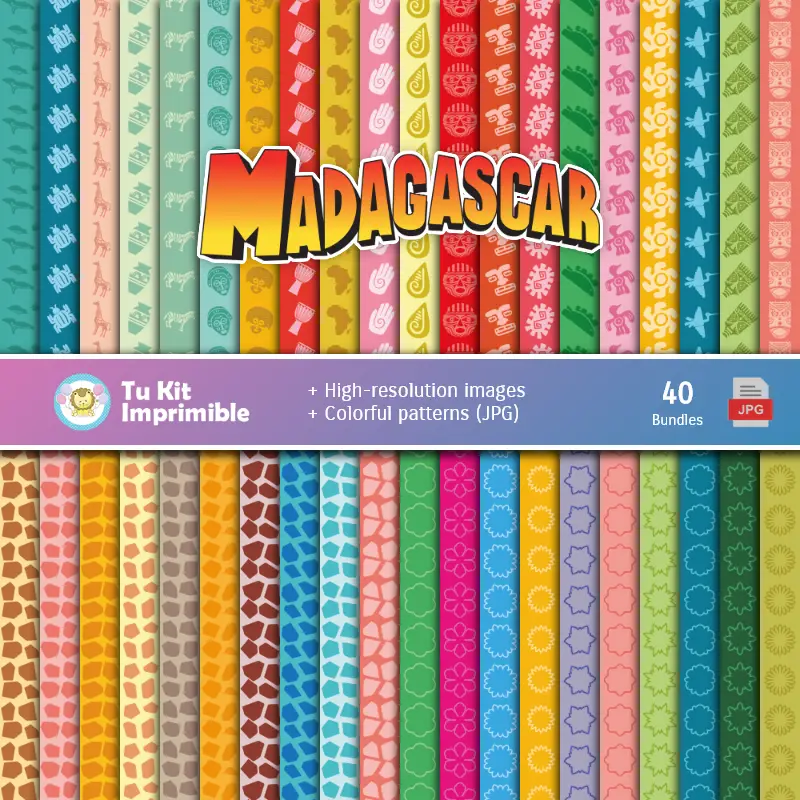 Set de Papeles Digitales Madagascar - Fundos para Festas e Scrapbooking