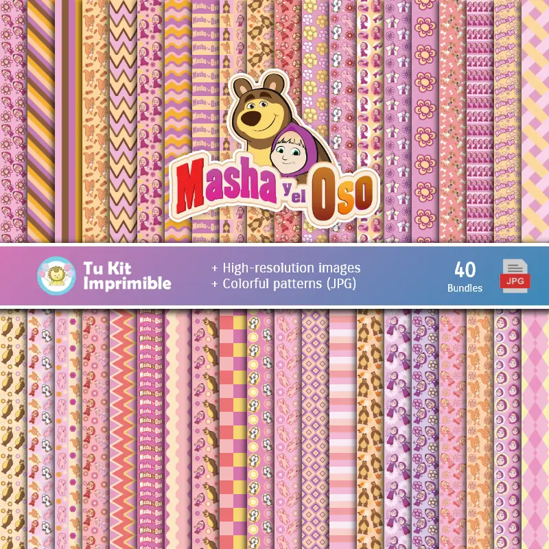 Masha e Bear Digital Paper Set - Fontane per Festival e Scrapbooking