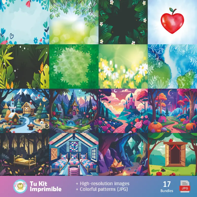 Números Temáticos | Padrões e Texturas Branca Neves e Os 7 Enanitos - Kits de Scrapbook e Festas