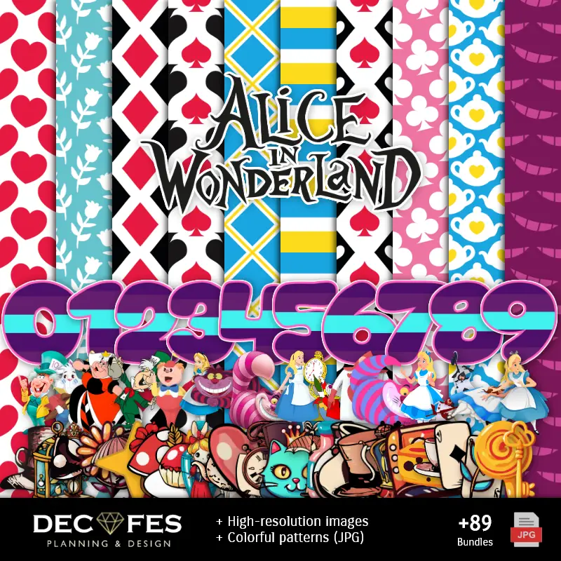 Números Temáticos | Papel Digital Alicia en el País de las Maravillas - Imprimibles para Scrapbook y DIY