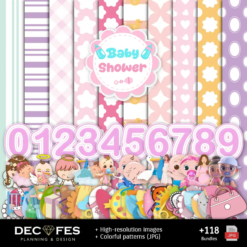 Números Temáticos | Baby Shower Digital Paper - 可打印为Scrapbook和DIY