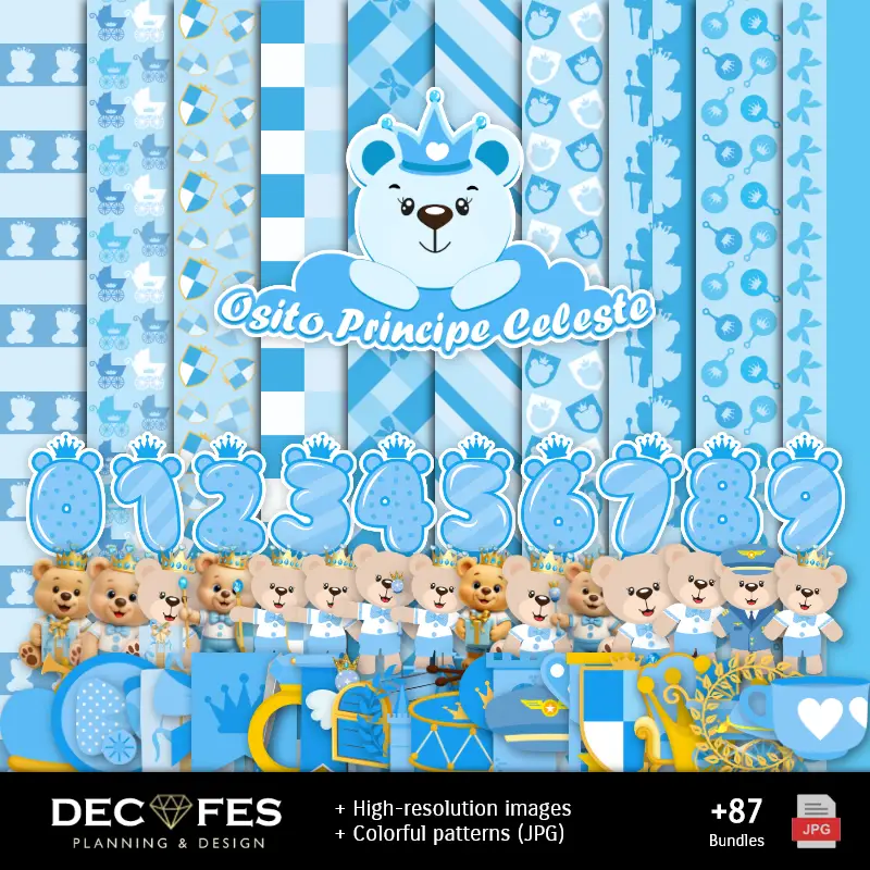 Papel Digital Osito Príncipe Celeste - Imprimibles para Scrapbook y DIY