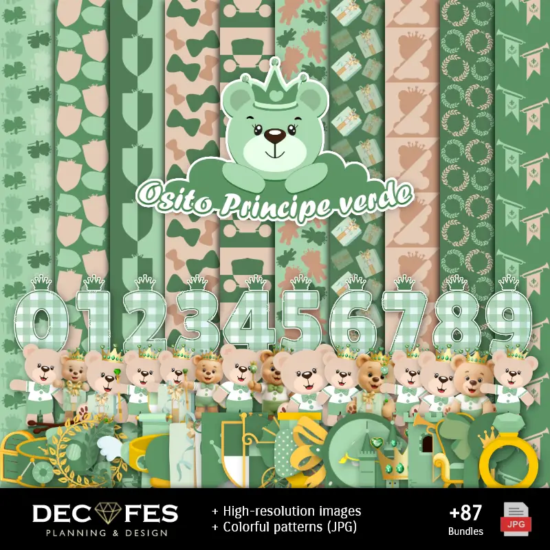Papel Digital Osito Príncipe Verde - Imprimibles para Scrapbook y DIY