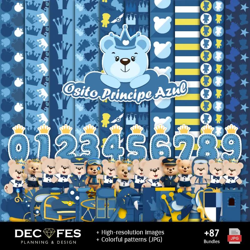 Papier numérique Blue Prince Bear - Imprimable pour scrapbook et bricolage