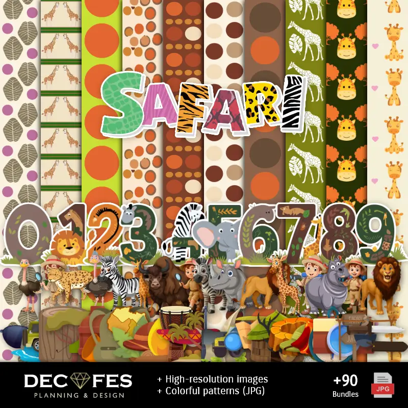 Personajes | Papier numérique Safari d'impression animale - Imprimable pour Scrapbook et bricolage