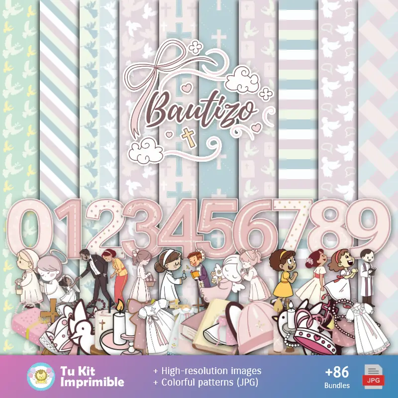 Números Temáticos | Patrones y Texturas Bautizo Niña - Kits de Scrapbook y Fiestas