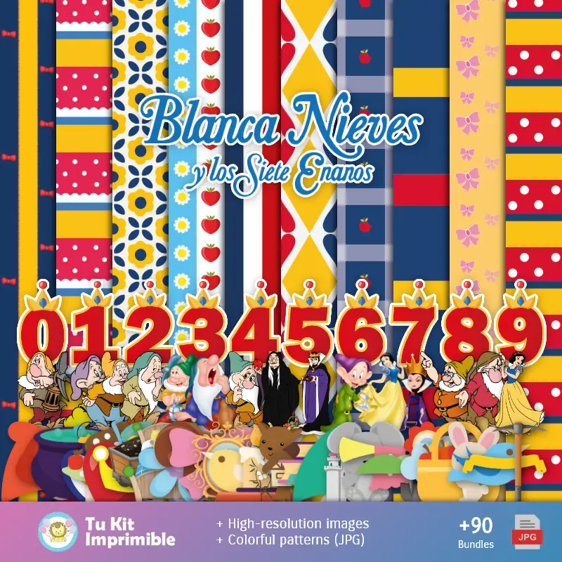 Números Temáticos | Patterns et textures blancs de neige et 7 nains - Cartables et kits de soirée