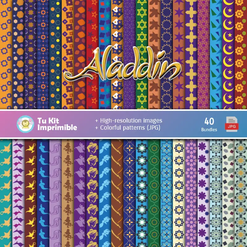 Set de Papeles Digitales Aladdín y Jasmine - Fondos para Fiestas y Scrapbooking