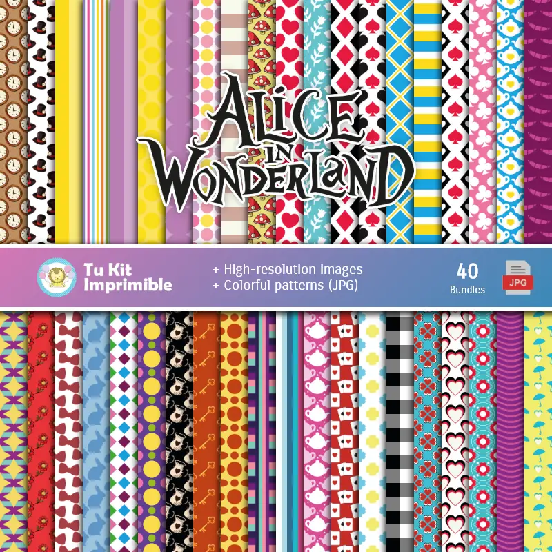 Set de Papeles Digitales Alicia en el País de las Maravillas - Fondos para Fiestas y Scrapbooking