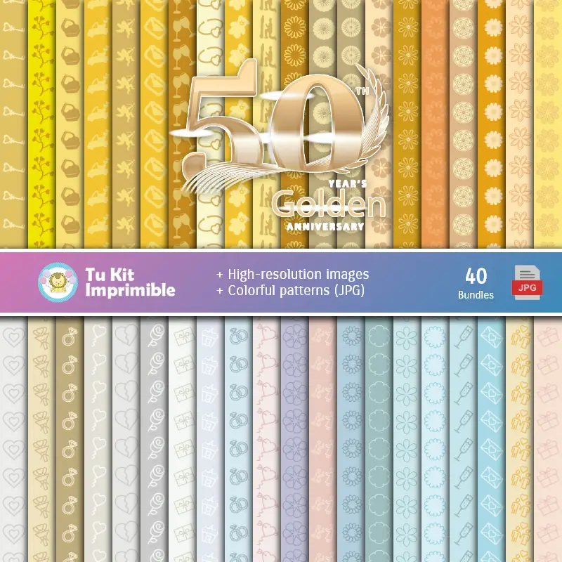 Set de Papeles Digitales Aniversario 50 años - Fondos para Fiestas y Scrapbooking