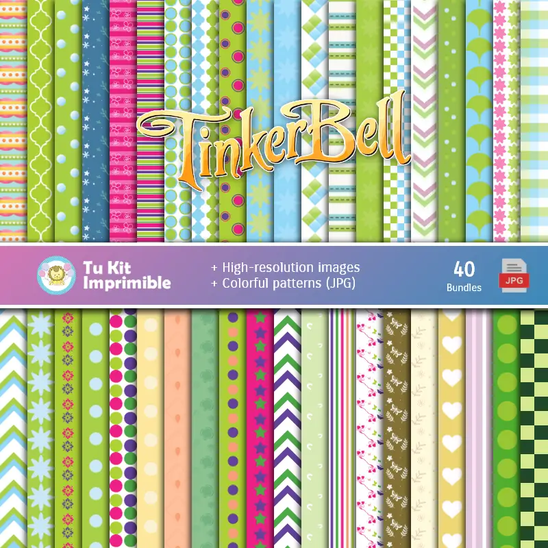Set de Papeles Digitales Campanita Tinker Bell - Fondos para Fiestas y Scrapbooking