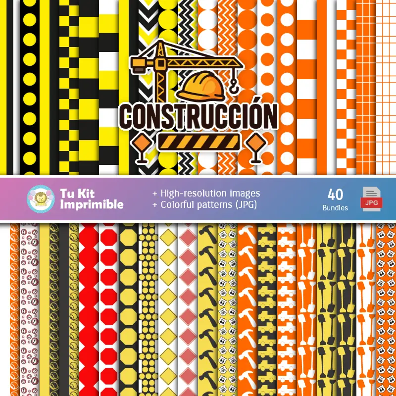 Set de Papeles Digitales Construcción - Fondos para Fiestas y Scrapbooking
