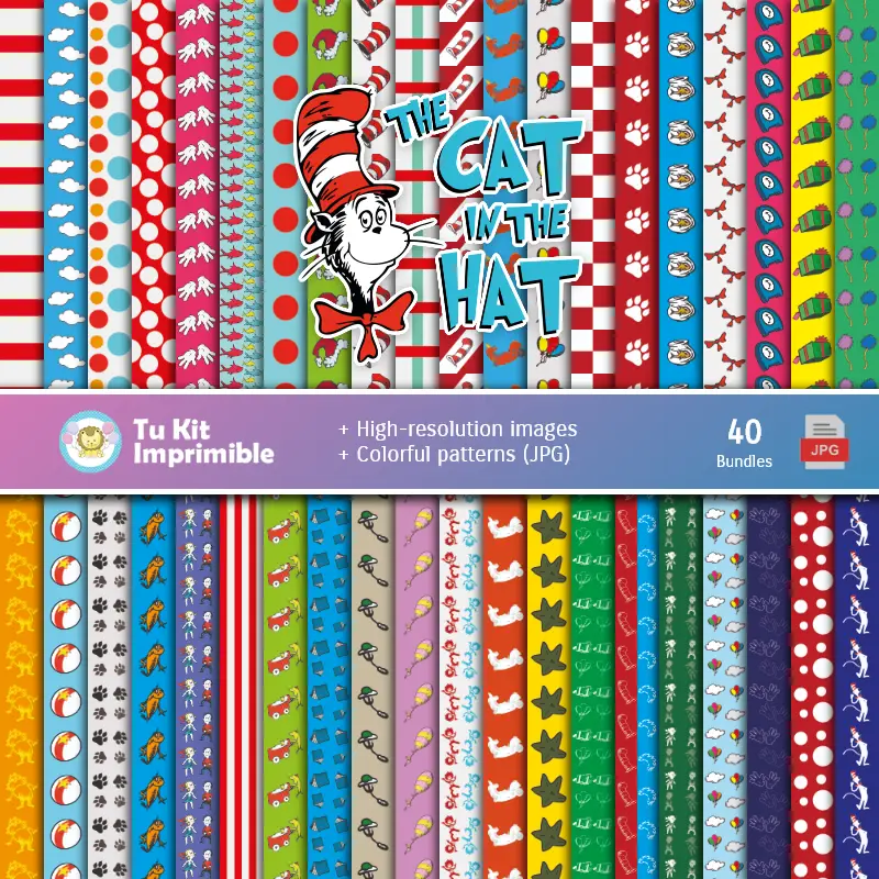 Set de Papeles Digitales El Gato Ensombrerado - Fondos para Fiestas y Scrapbooking