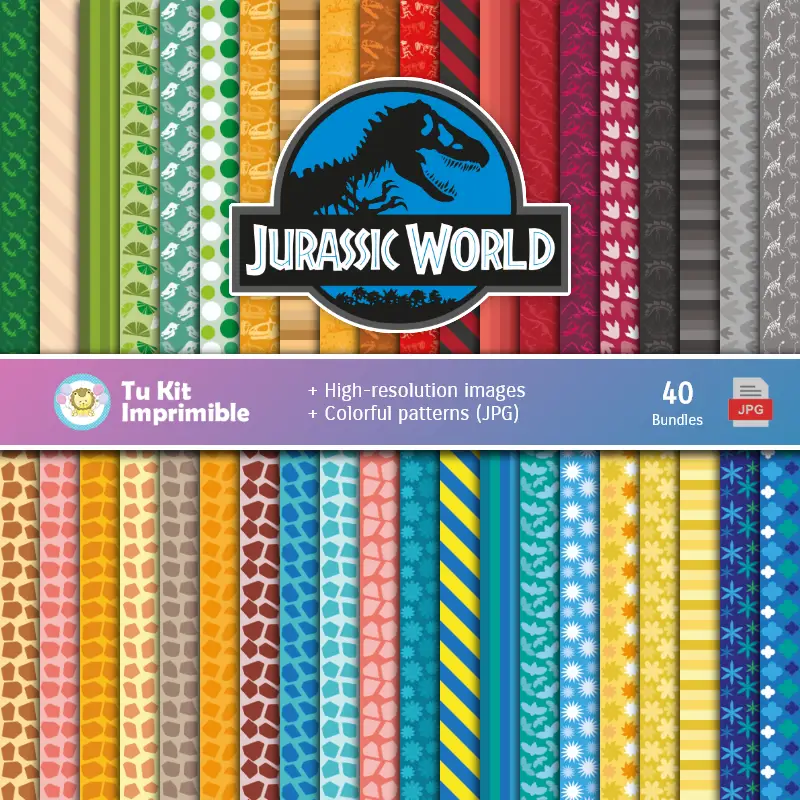 Set de Papeles Digitales Jurassic World - Fondos para Fiestas y Scrapbooking