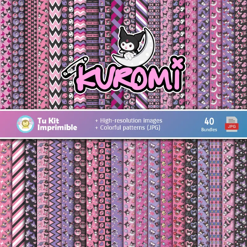 Set de Papeles Digitales Kuromi - Fondos para Fiestas y Scrapbooking