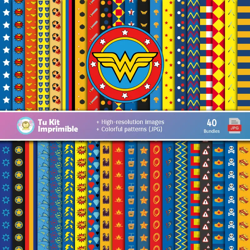 Patrones | Set de Papeles Digitales La Mujer Maravilla - Fondos para Fiestas y Scrapbooking