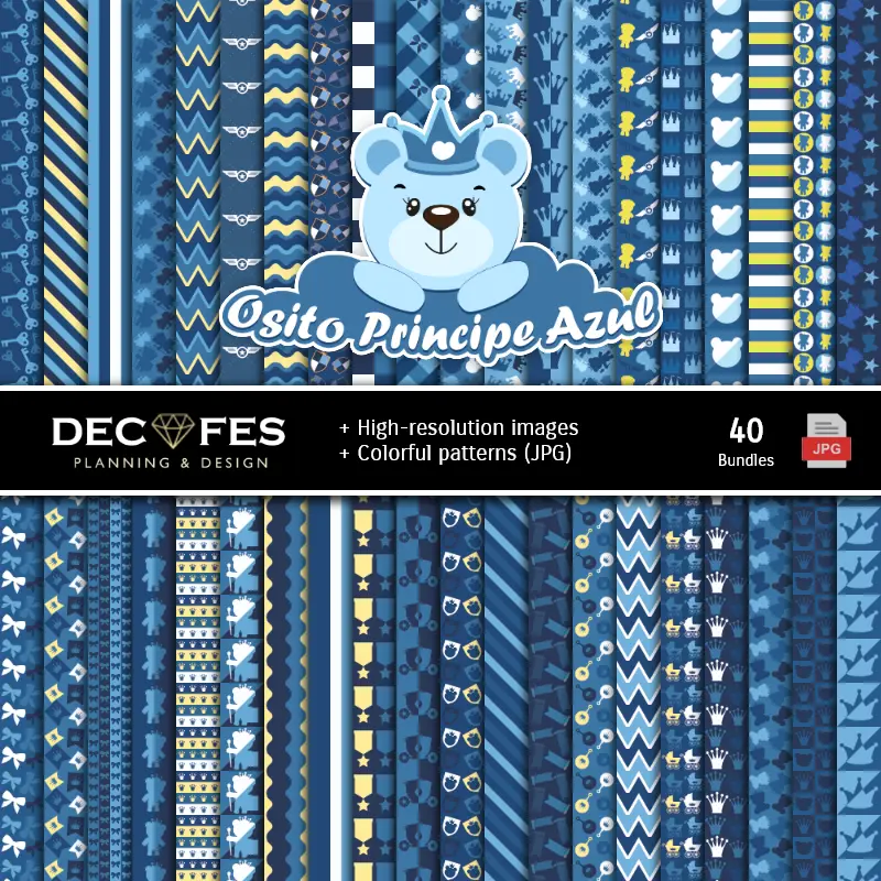 Set de Papeles Digitales Osito Príncipe Azul - Fondos para Fiestas y Scrapbooking