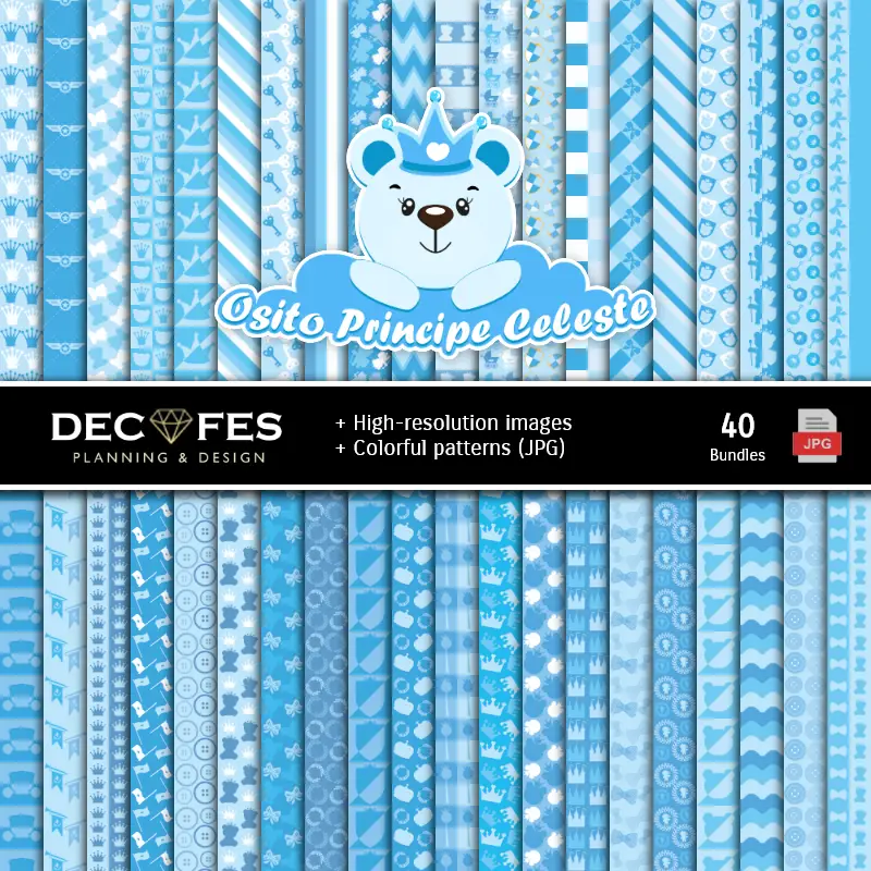 Set de Papeles Digitales Osito Príncipe Celeste - Fondos para Fiestas y Scrapbooking