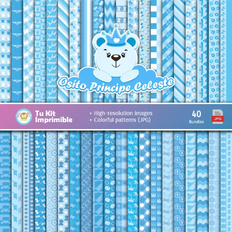 Set de Papeles Digitales Osito Príncipe Celeste - Fondos para Fiestas y Scrapbooking