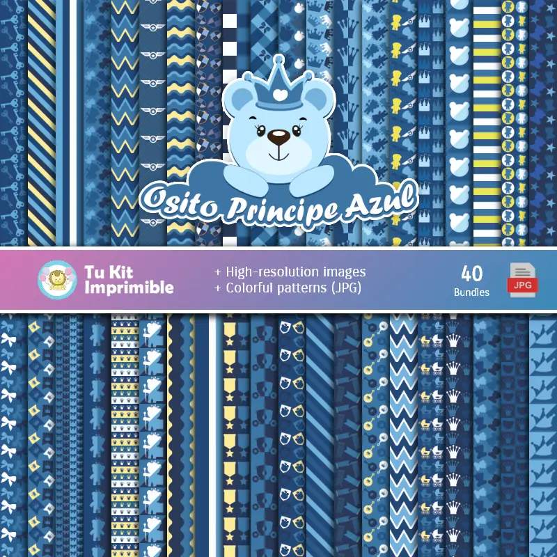 Set de Papeles Digitales Osito Príncipe Azul - Fundos para Festas e Scrapbooking