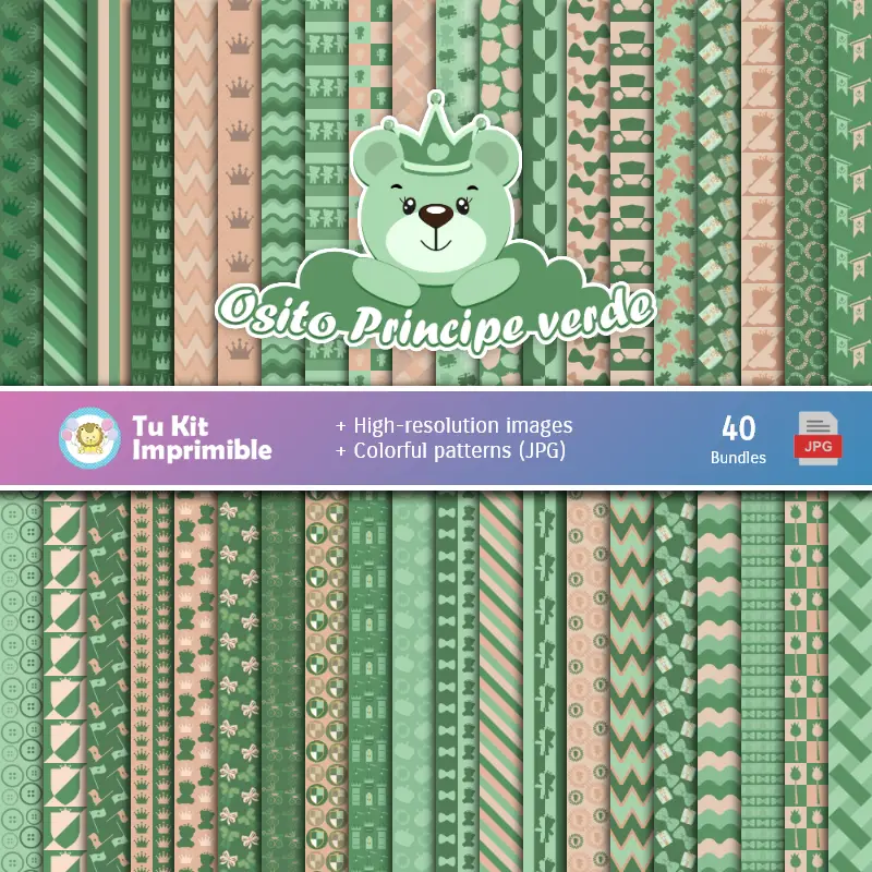 Set de Papeles Digitales Osito Príncipe Verde - Fundos para Festas e Scrapbooking