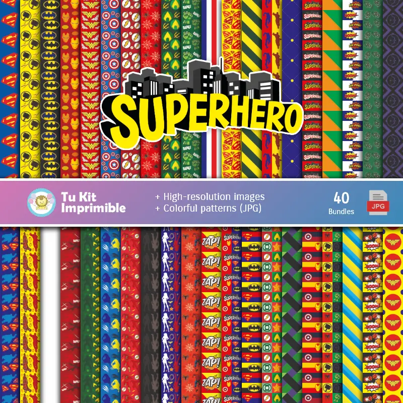 Super Heroes Digital Paper Set - Fontane per Fiestas e Scrapbooking