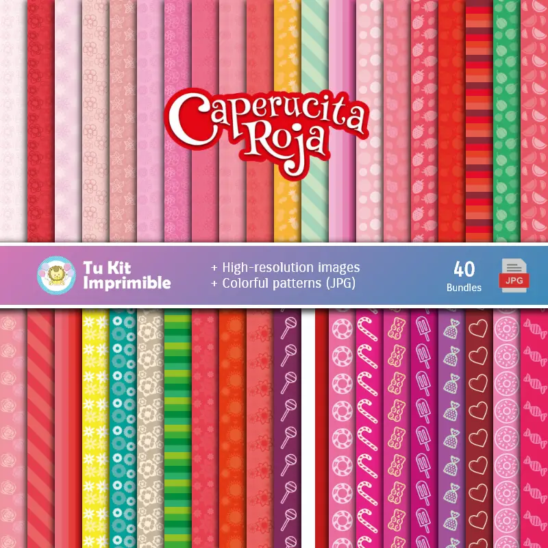 Set de Papeles Digitales A Caperucita Vermelha e El Lobo - Fundos para Festas e Scrapbooking