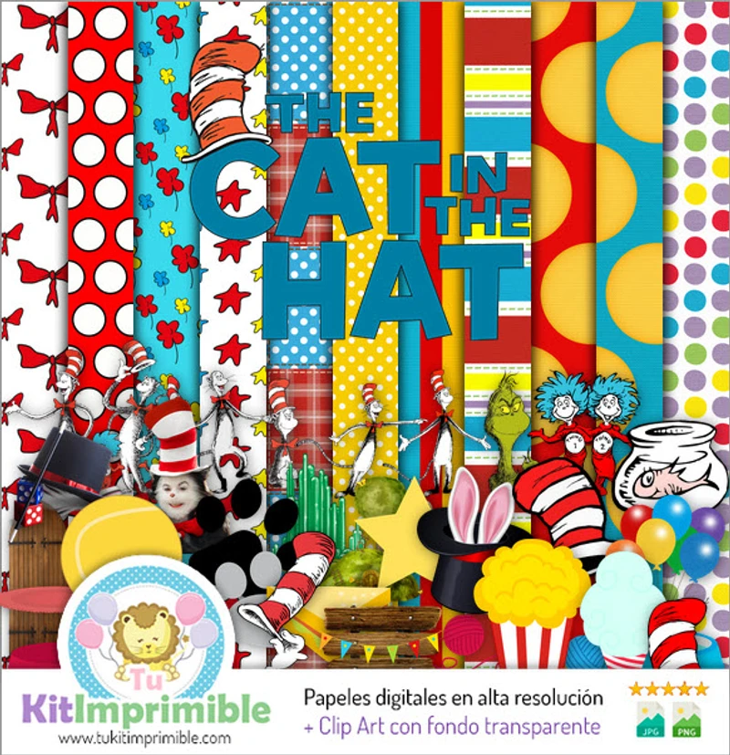 Artigos Digitais Festas Infantis do Gato de Chapéu - M1