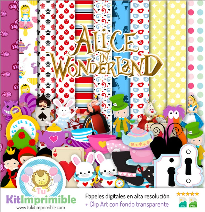 Conjunto completo de álbum de recortes digital Alice no País das Maravilhas - M4