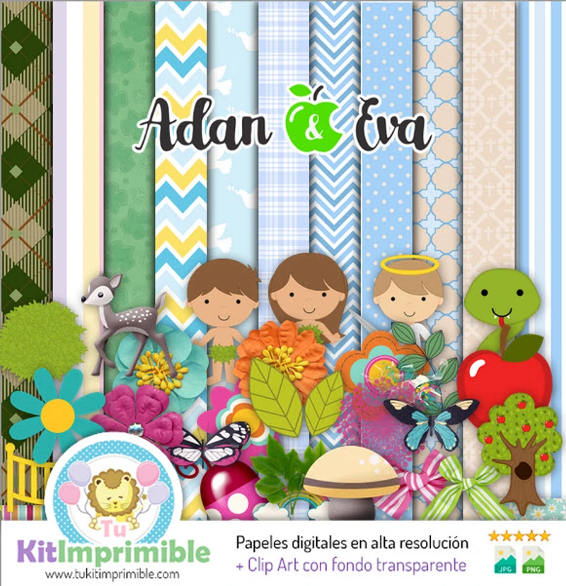 Conjunto completo de scrapbook digital de Adão e Eva - M4