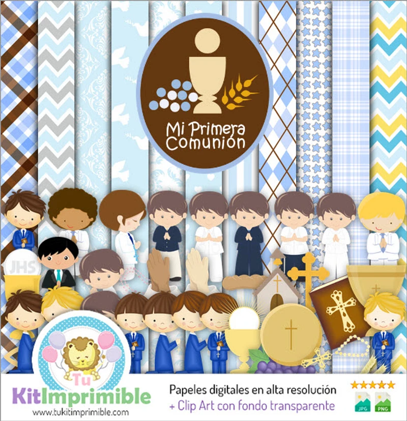 Conjunto digital para scrapbook de menino com tema de Primeira Comunhão e Crisma - M4