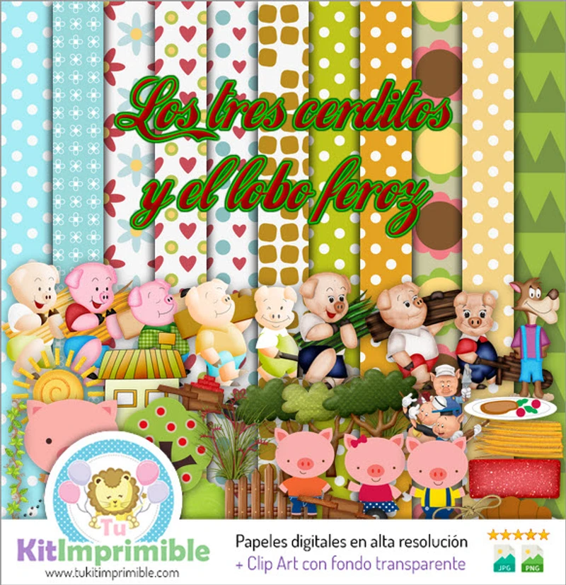 Conjunto Digital para Scrapbook dos Três Porquinhos e o Lobo - M4